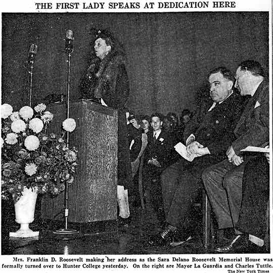 Ms. Roosevelt speaking at dedication of Roosevelt House.